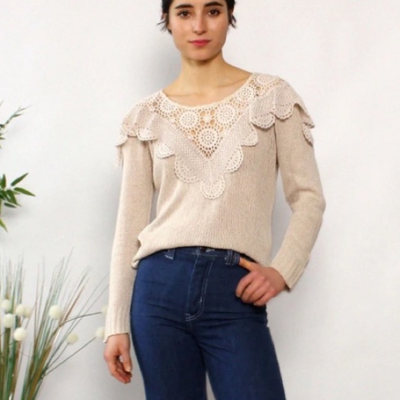 Democracy Sweaters - Democracy crochet sweater Large long sleeve top knit sweater lace crochet detail